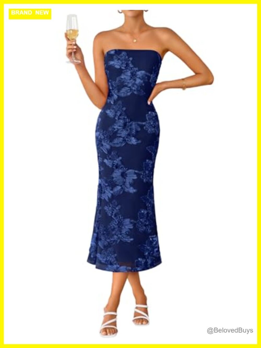 Strapless Floral Midi Bodycon Cocktail Wedding Guest Dress
